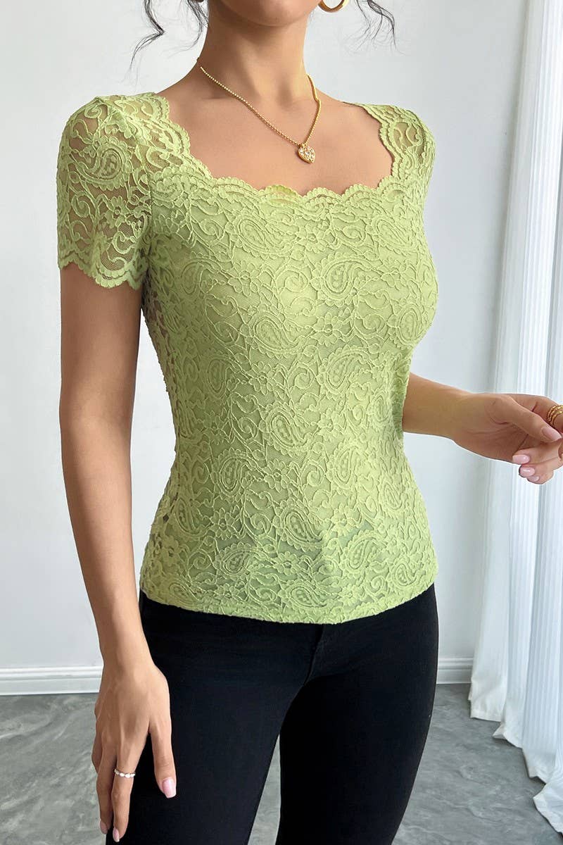 CWTBLS2122_SOLID LACE SLIM FIT SQUARE NECK SHORT SLEEVE TOP