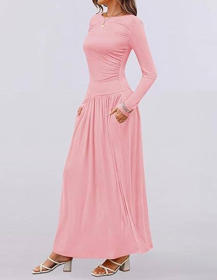 CREW NECK PLEATED POCKET SLIM LONG-SLEEVE DRESS