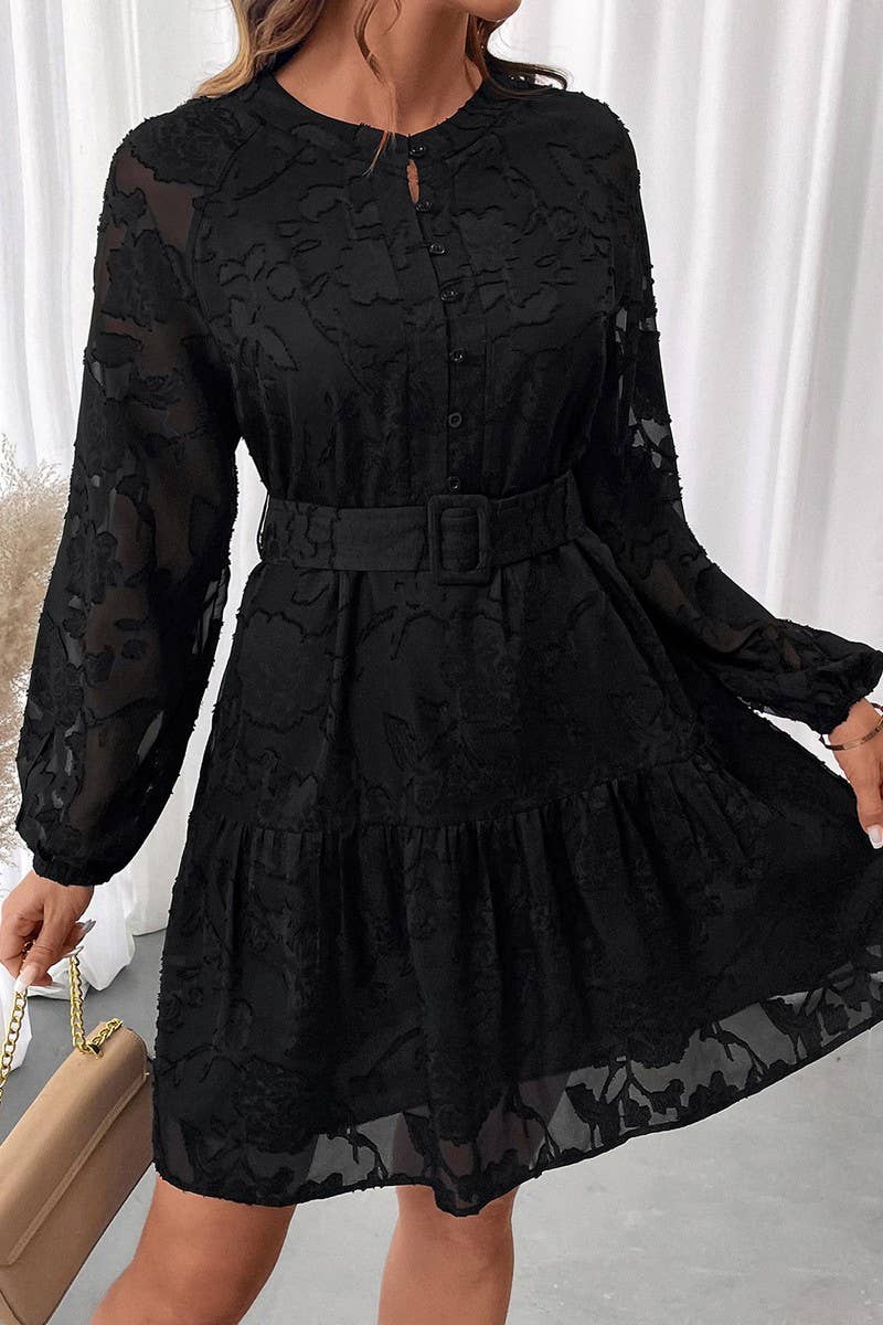 CWDSD10617_ELEGANT JACQUARD BELTED LONG SLEEVE DRESS
