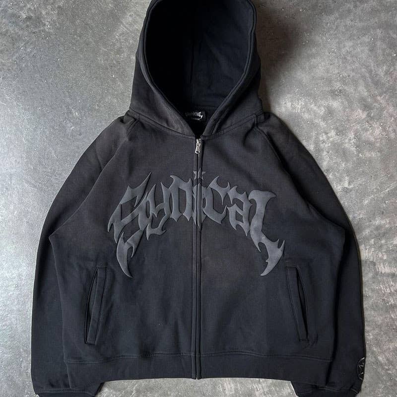 ZIPPER HOODIE WITH GOTHIC ALPHABET PRINT HOODIE