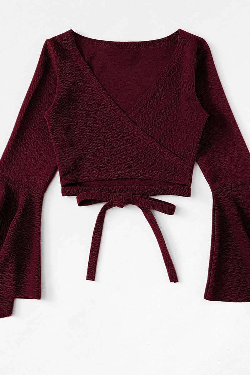 CWTBLL2732_BAT-SLEEVE SHORT BELLY-EXPOSING DARK RED TOP