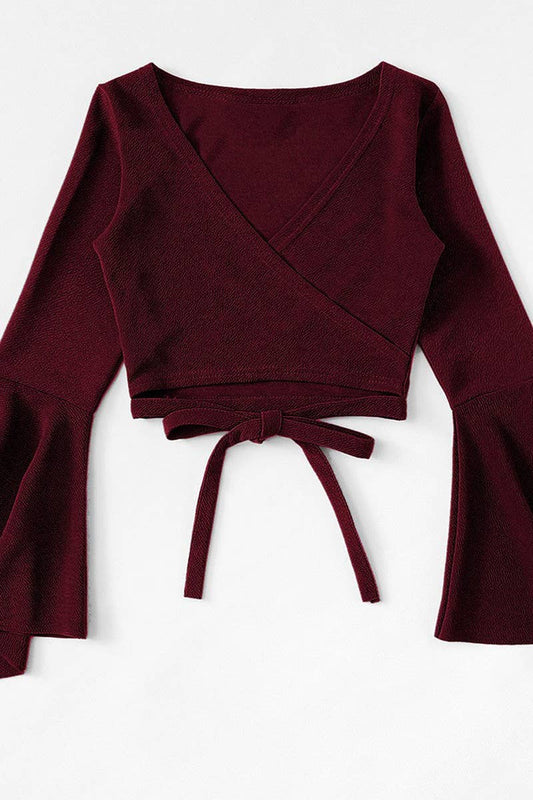 CWTBLL2732_BAT-SLEEVE SHORT BELLY-EXPOSING DARK RED TOP