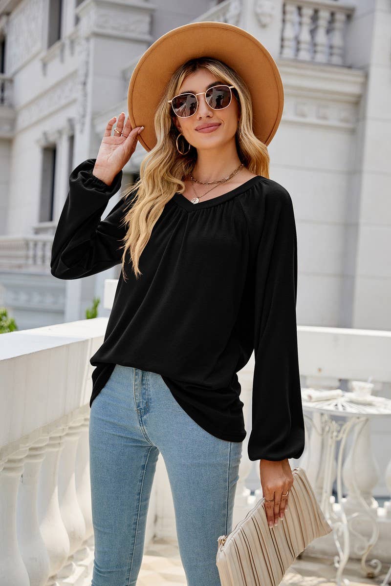 CWTBLL2413_SOLID COLOR LONGSLEEVE V-NECK PLEATED T-SHIRT TOP