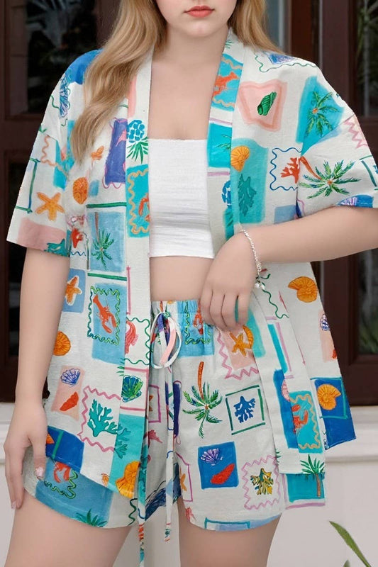 CWSTB2135_GRAFFITI PRINT SHIRT & TIE WAIST SHORTS SET