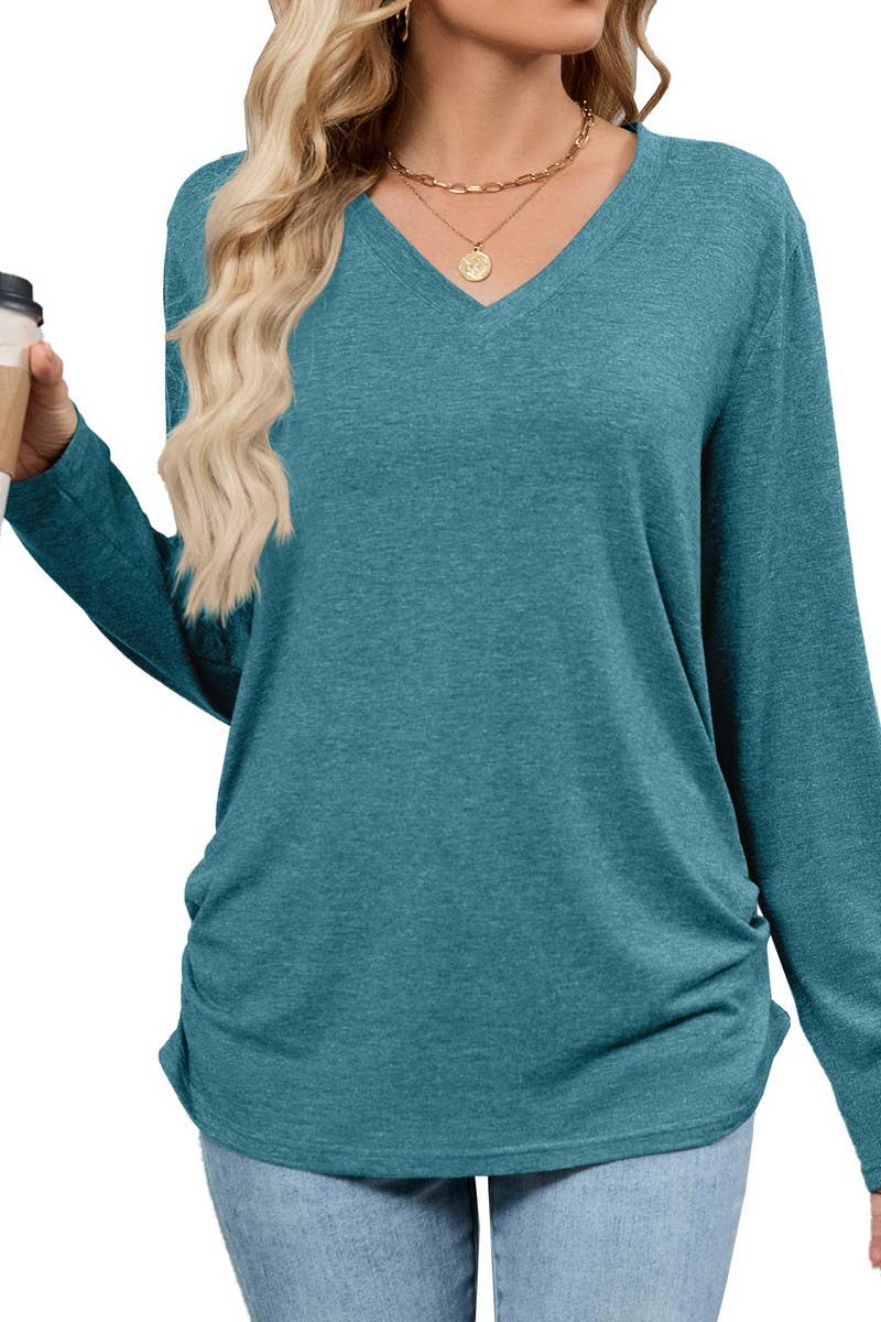 CWTBLL4019_SOLID V-NECK LOOSE FIT LONG SLEEVE T-SHIRT
