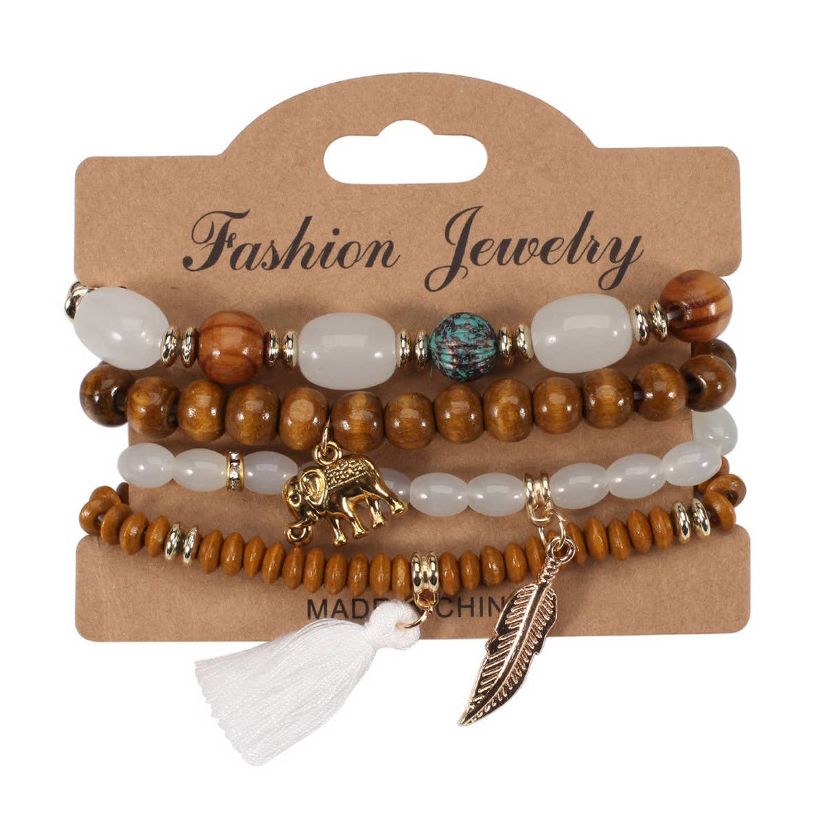 LEAF ELEPHANT TASSEL PENDANT WOODEN BEAD BRACELET_CWAJE2221