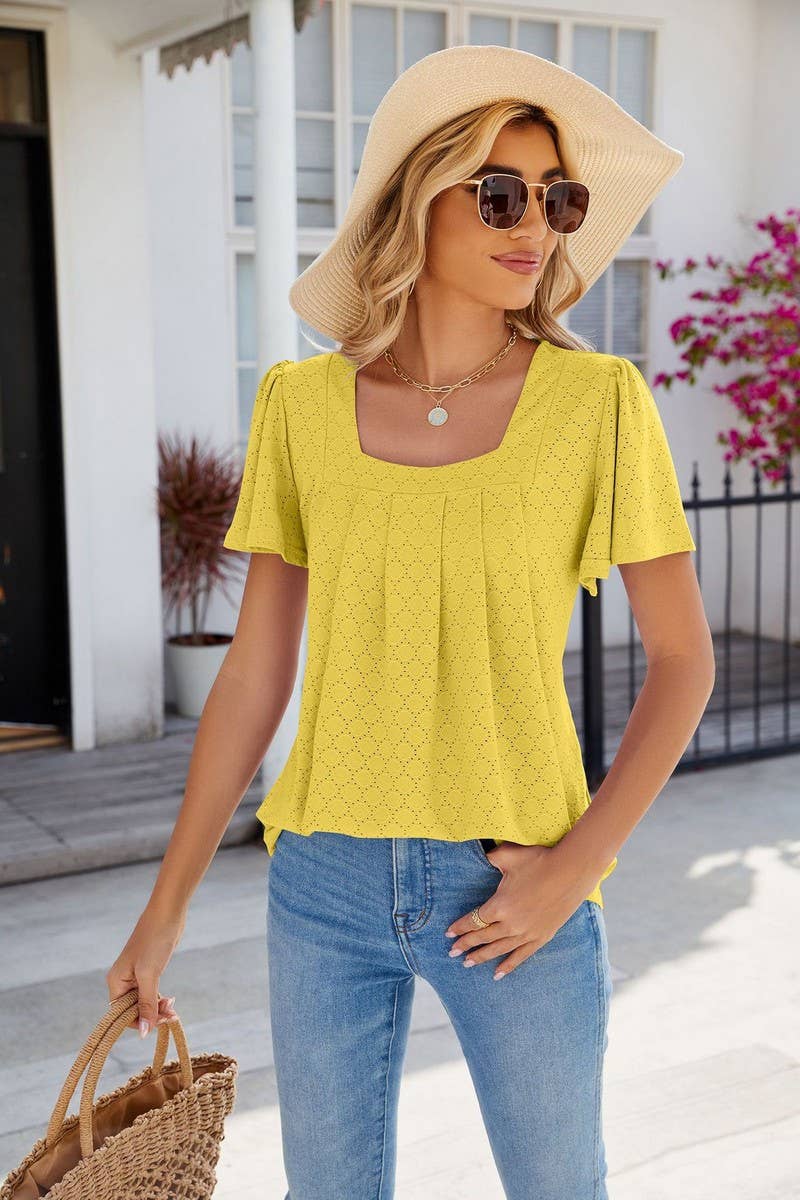 CWTTS0813_Squre Neck Short Ruffle Sleeve Knit Top