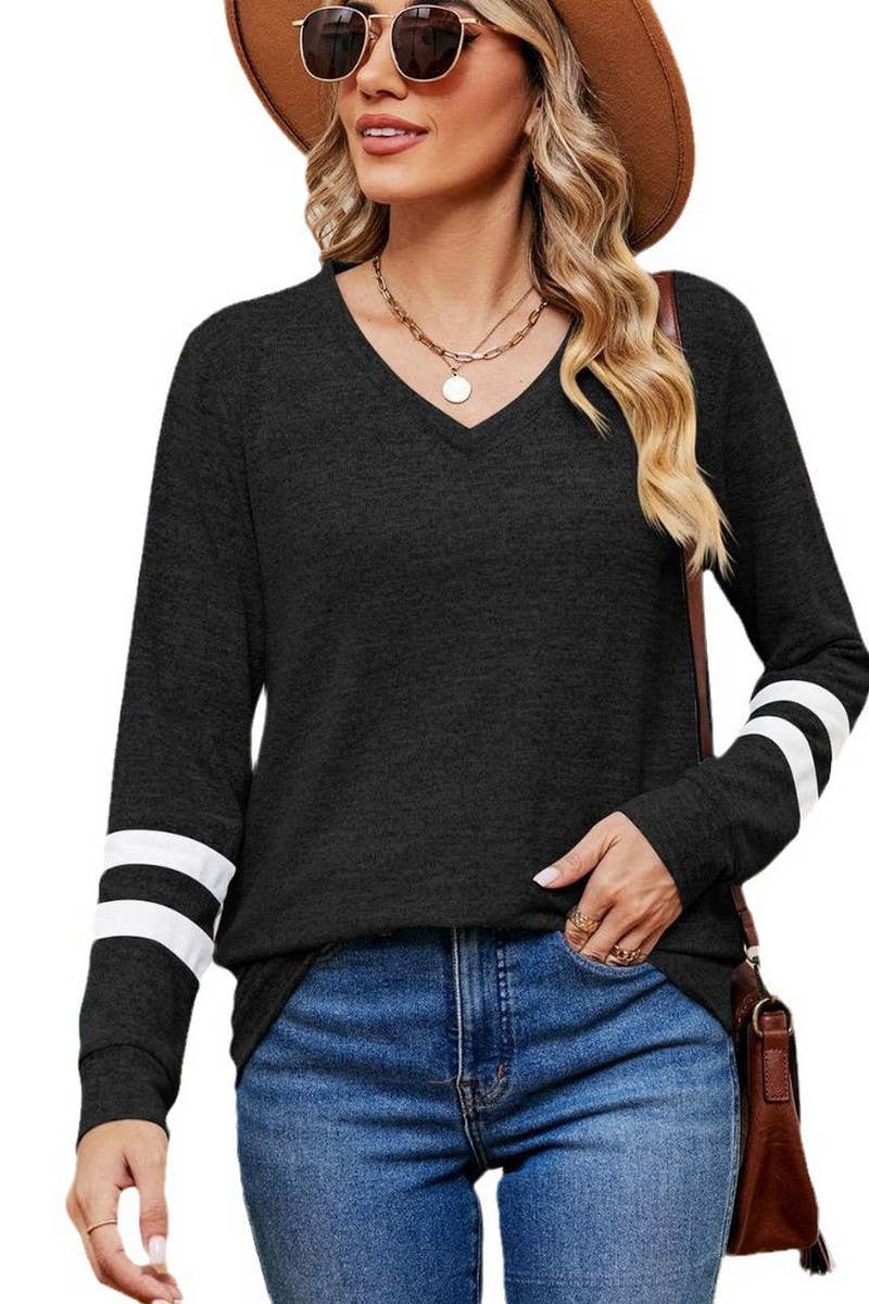 CWTBLL2392_V-NECK LONG-SLEEVED CONTRAST COLOR LOOSE TOP
