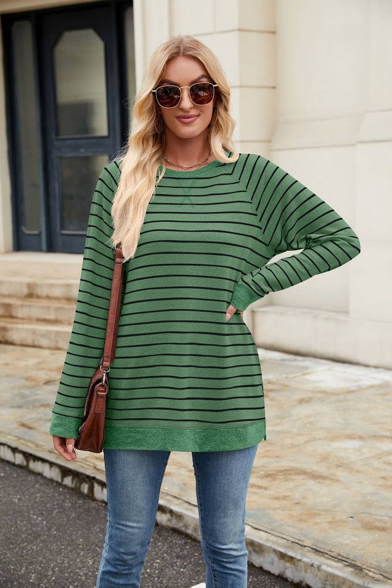 CWTBLL3663_STRIPED PATCHWORK ROUND NECK LONG SLEEVED T-SHIRT