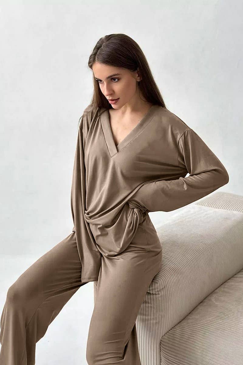 CWSPJ0322_KNITTED V-NECK LONG-SLEEVED TROUSERS PAJAMA SET