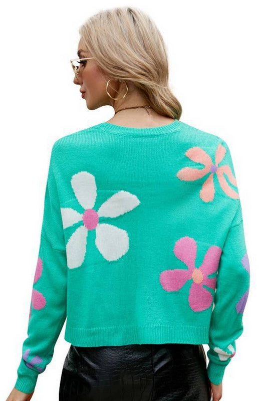 CWOSWL2666_ROUND NECK FLORAL PULLOVER LOOSE KNIT TOP