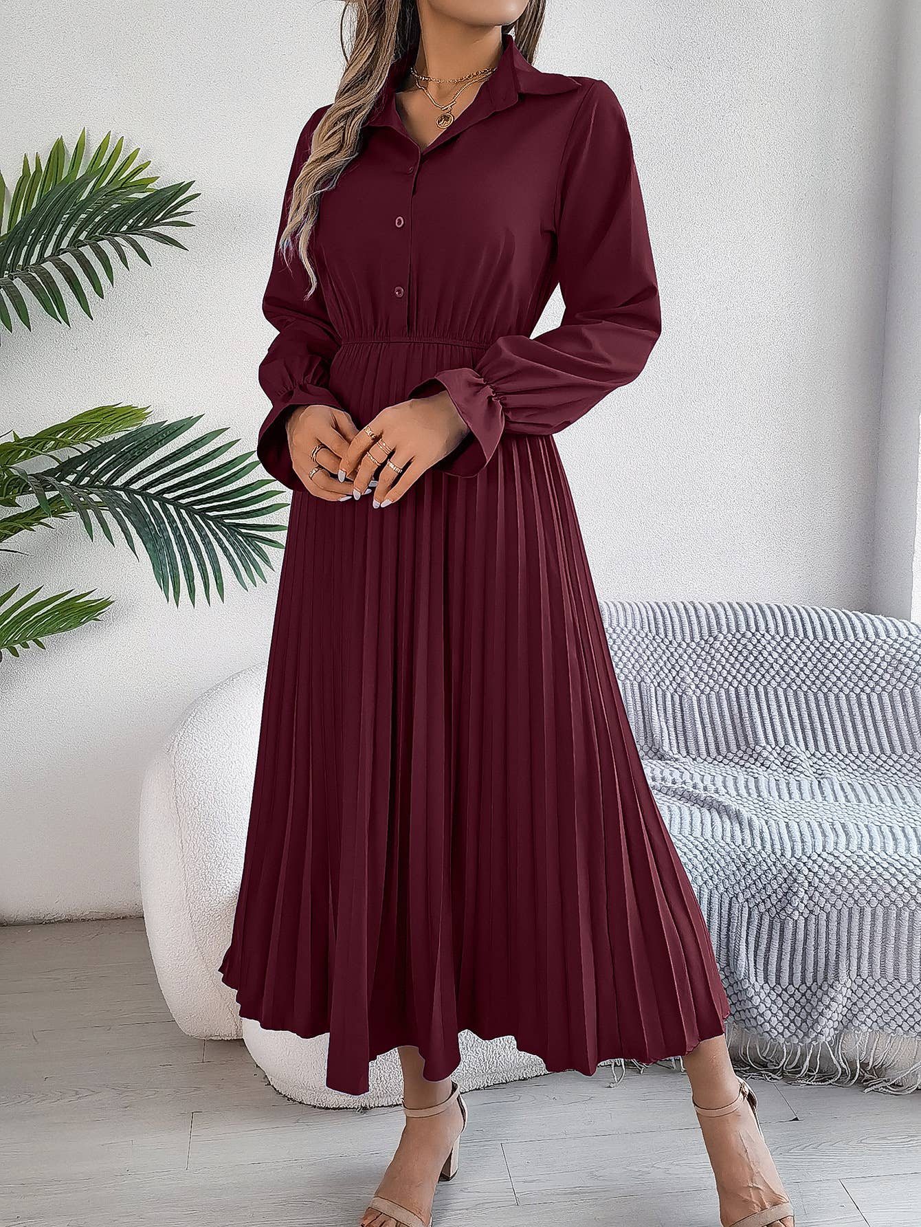 CASUAL LAPEL BUTTON WAIST PLEATED LONG DRESS