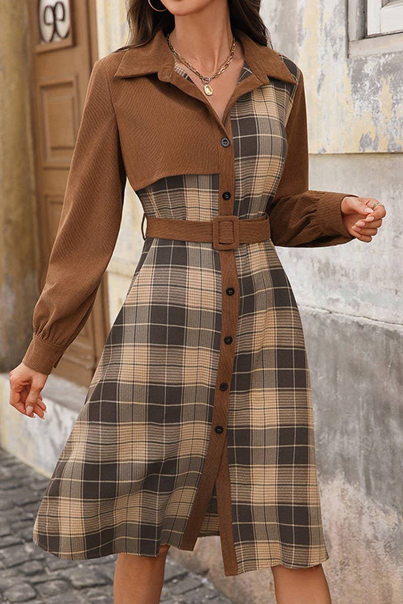 CWTDSL00030_CASUAL VINTAGE PLAID SHIRT COLLAR DRESS