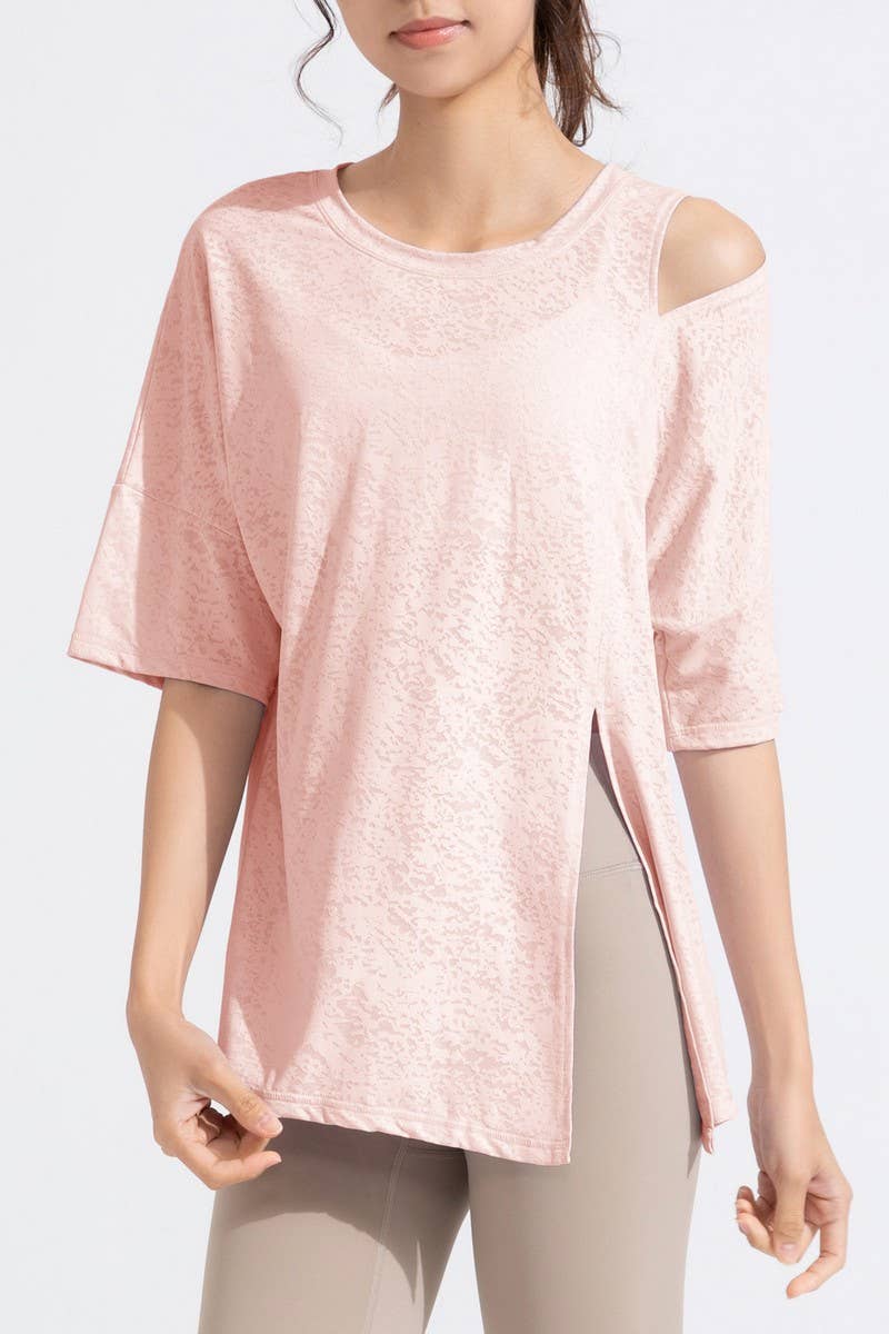 CWTBLS1470_JACQUARD CUTOUT SHORT SLEEVE RUNNING TOP