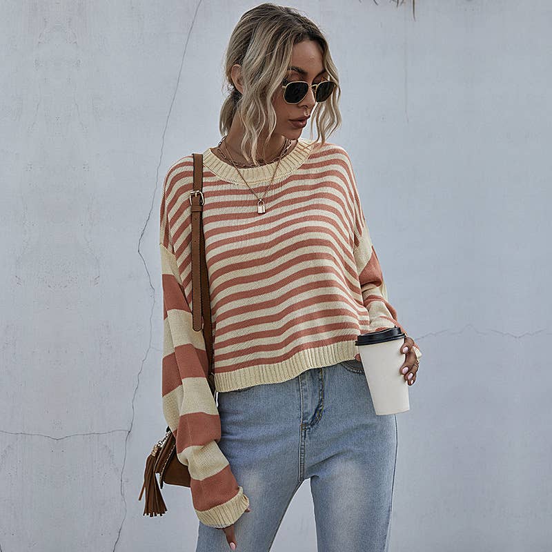 CONTRASTING COLOR STRIPED CREW NECK LOOSE KNIT