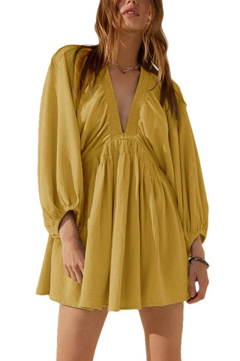 CWDSD8849_V-NECK LONG SLEEVE A-LINE PLEATED DRESS