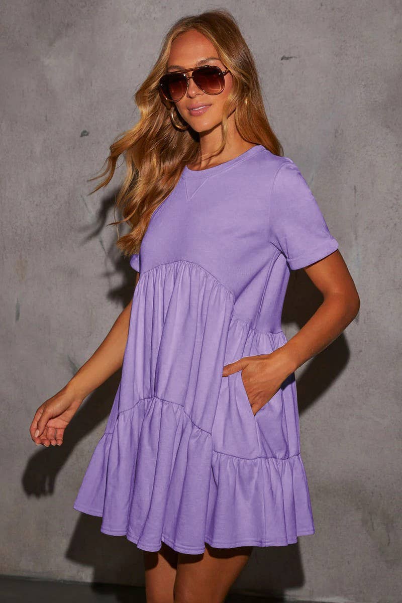 CWDSD7774_CASUAL POCKETED SHORT SLEEVE RUFFLED DRESS