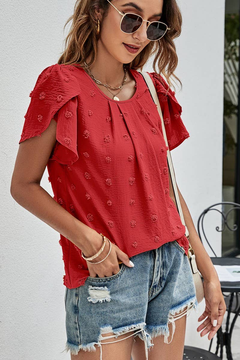 CWTBLS0342_Round neck Short Puff Sleeve Blouse
