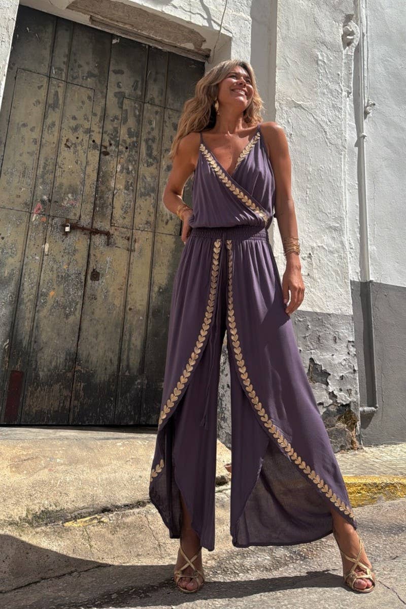 CWSBSSL0157_V-NECK LOOSE SUSPENDER TRIM WAIST JUMPSUIT