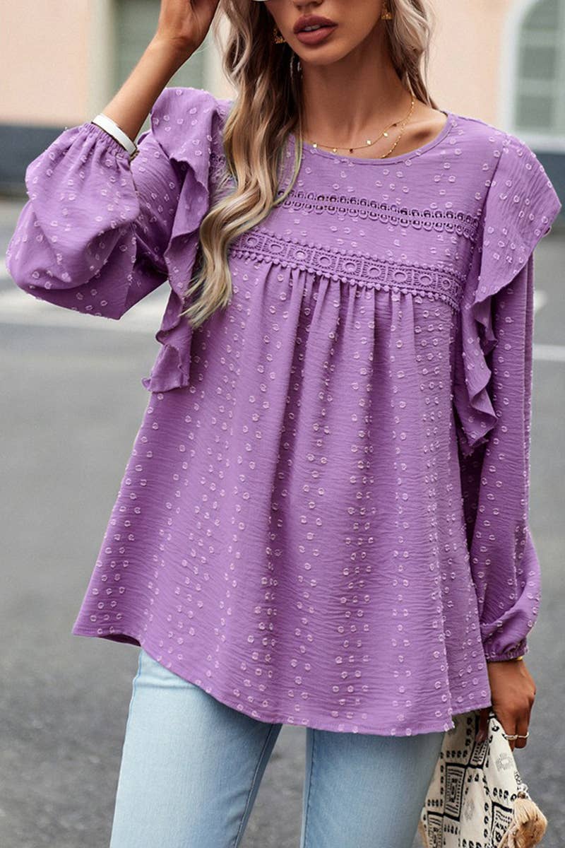 CWTBLL0390_Round neck Long Sleeve Ruffle Detailed Blouse