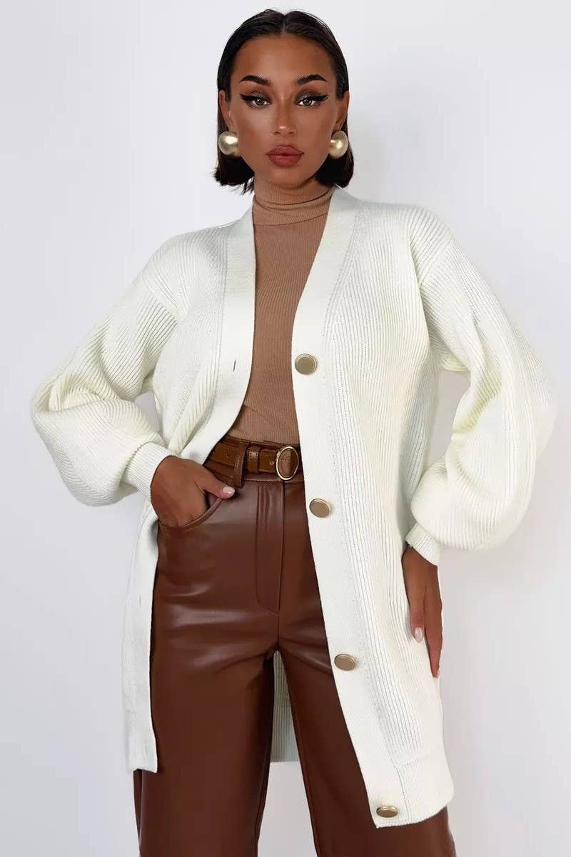 CWOCAL1481_V-NECK SOLID COLOR LENGTH KNITTED SWEATER COATS