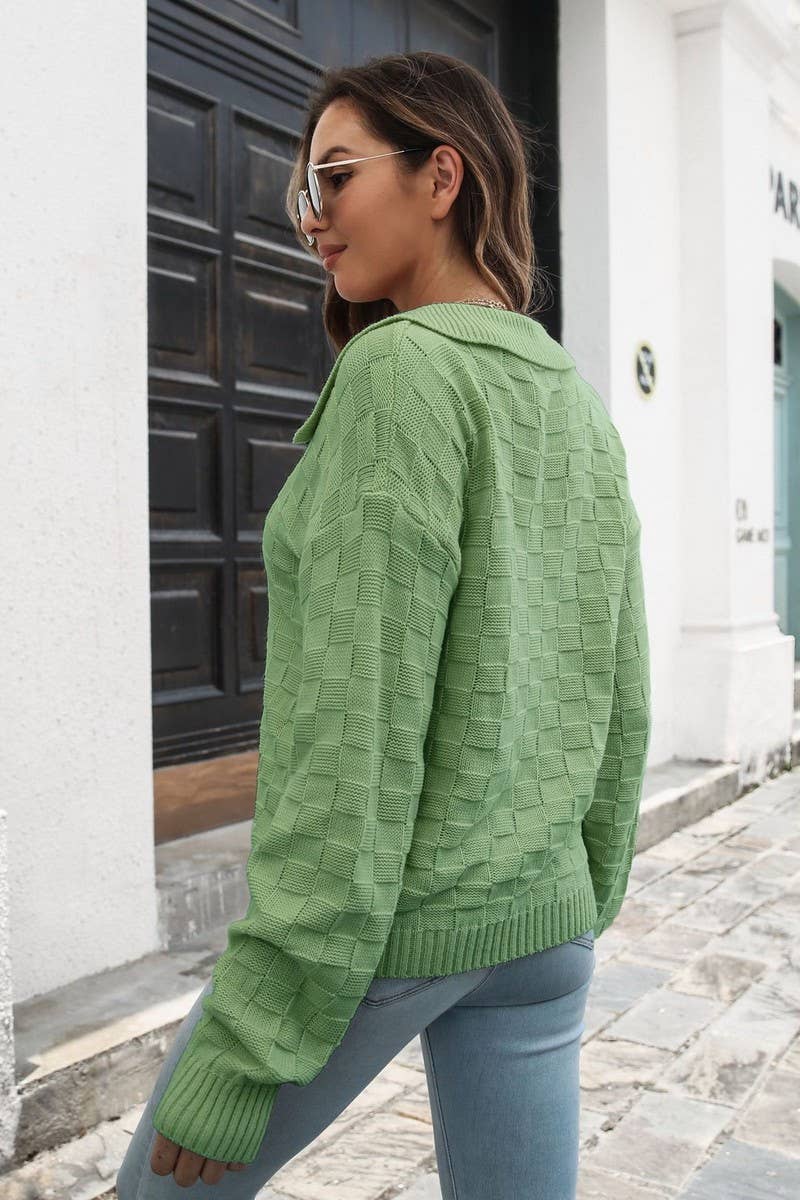 CWOSWL6854_NEW LOOSE THREE-DIMENSIONAL PLAID LAPEL SWEATER