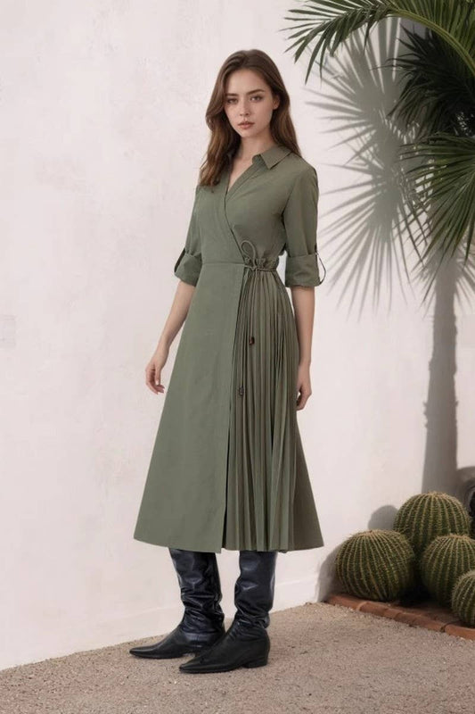 CWDMD6329_V-NECK LONG-SLEEVED SLIM WAIST SHIRT DRESS