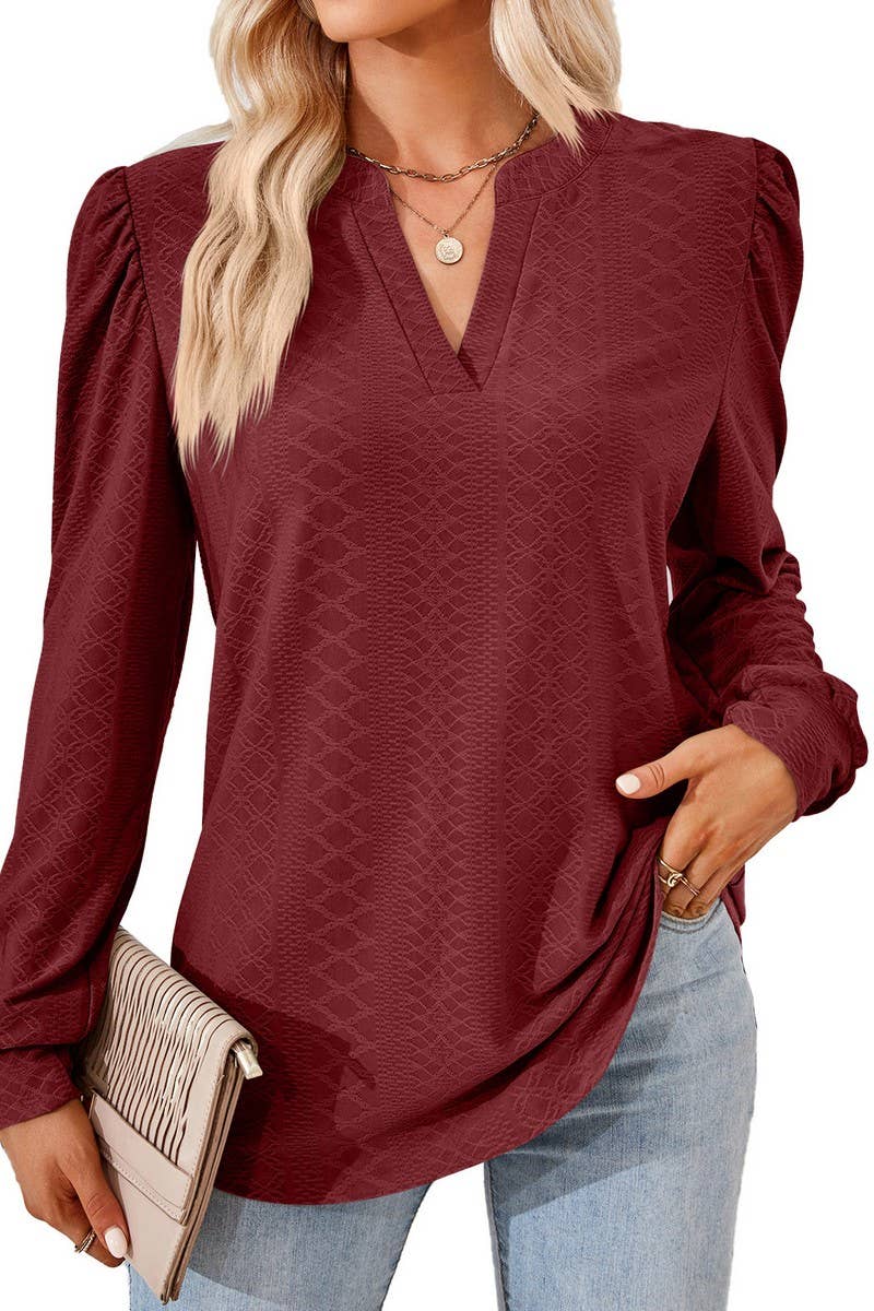 CWTBLL2374_SOLID COLOR V-NECK JACQUARD LONG-SLEEVED TOP