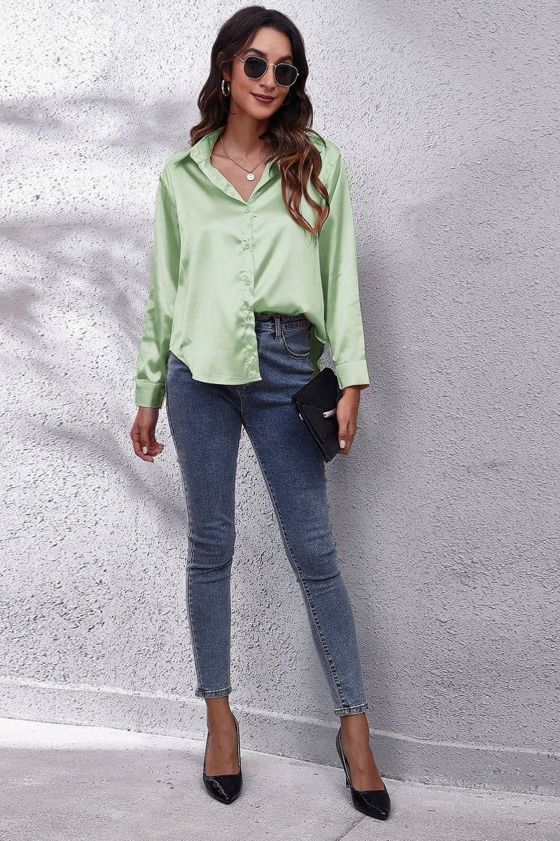 CWTBLL0691_Button Down Silky Satin Long Sleeve Top