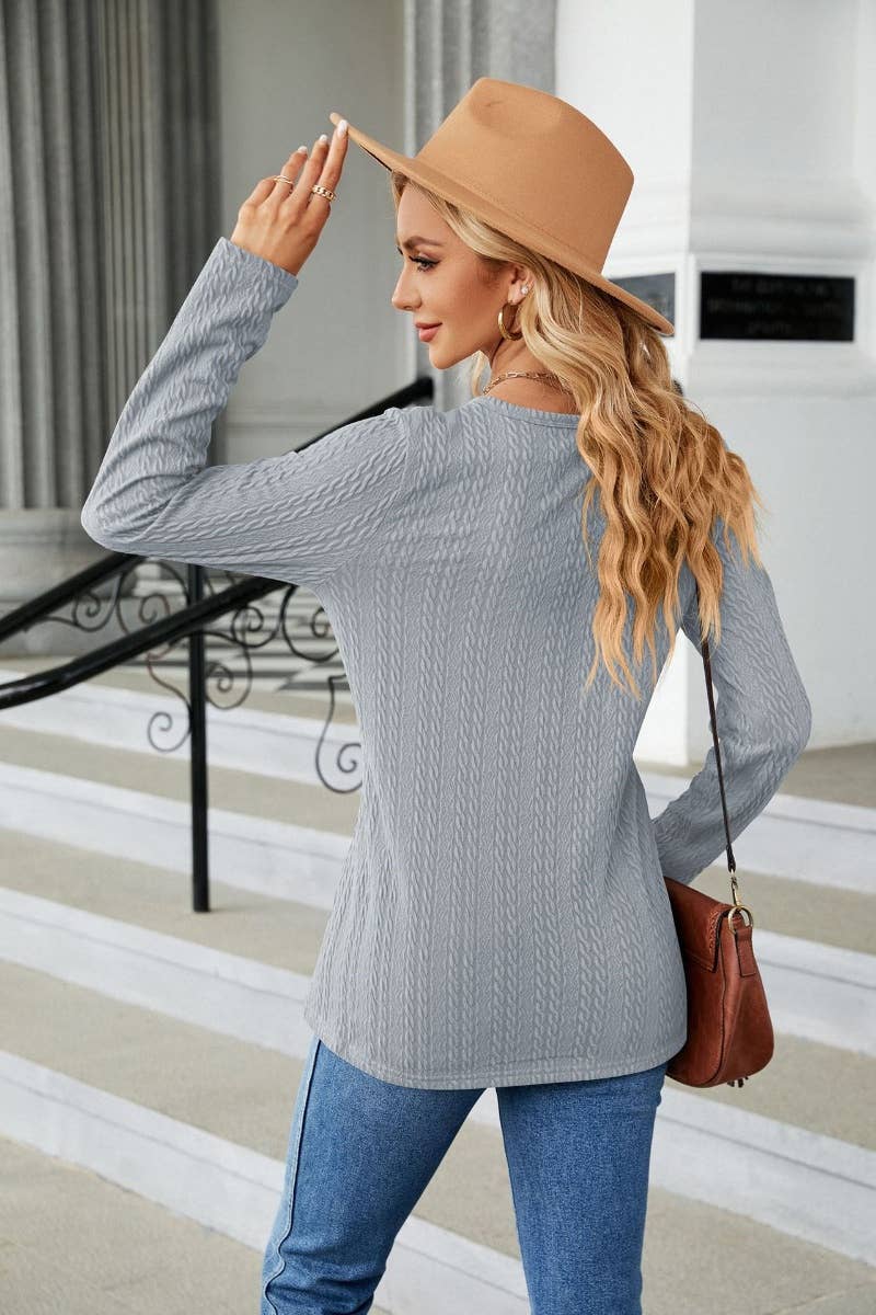 CWTBLL2807_WINTER V-NECK BUTTON-UP LONG-SLEEVED TOP