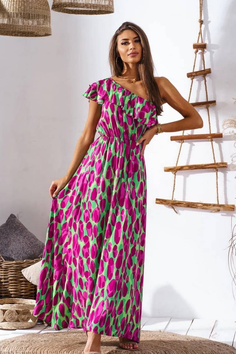 CWDMD4117_OFF-SHOULDER WAIST PRINTED LONG DRESS