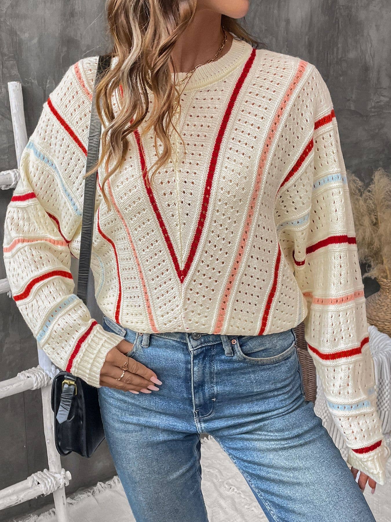 COLORFUL STRIPED CREW NECK PULLOVER SWEATER