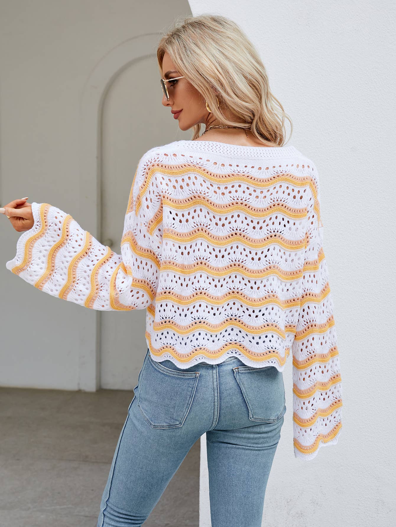 Cut-out short crop knit striped sweater