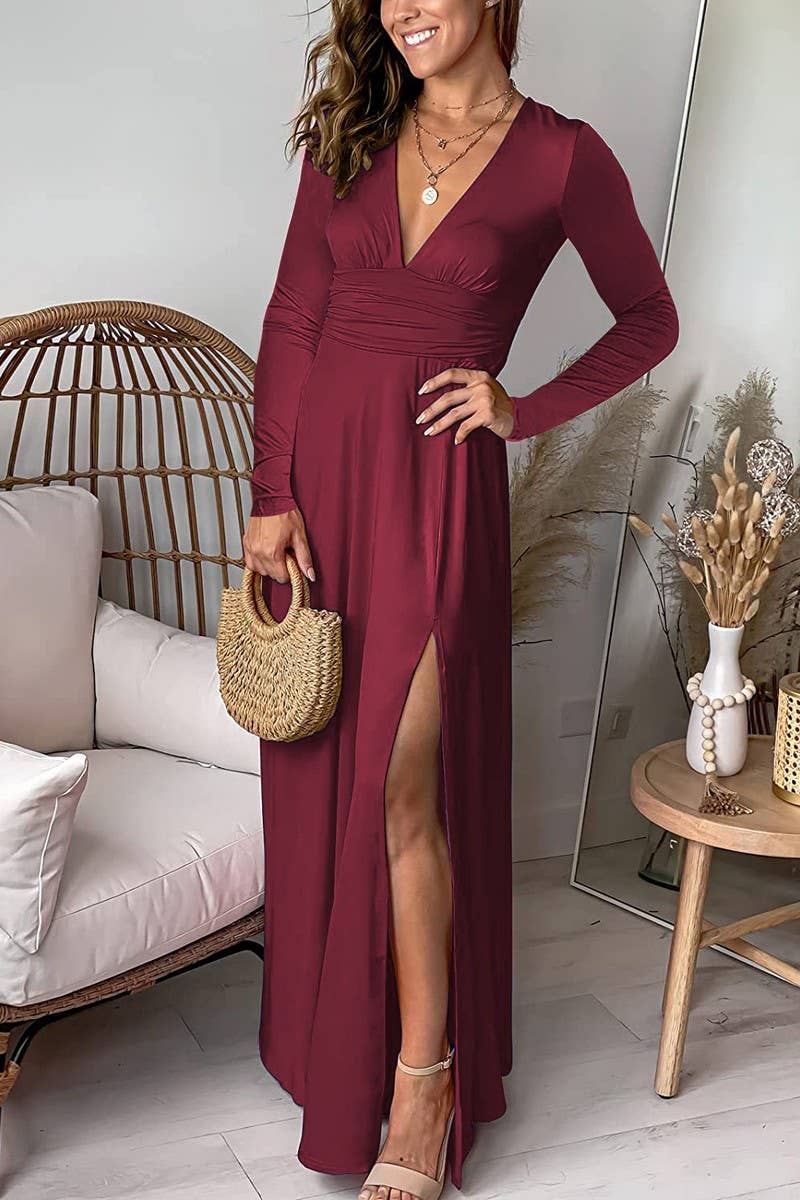 CWDMD5880_DEEP V RUCHED LONG SLEEVE SPLIT MAXI DRESS