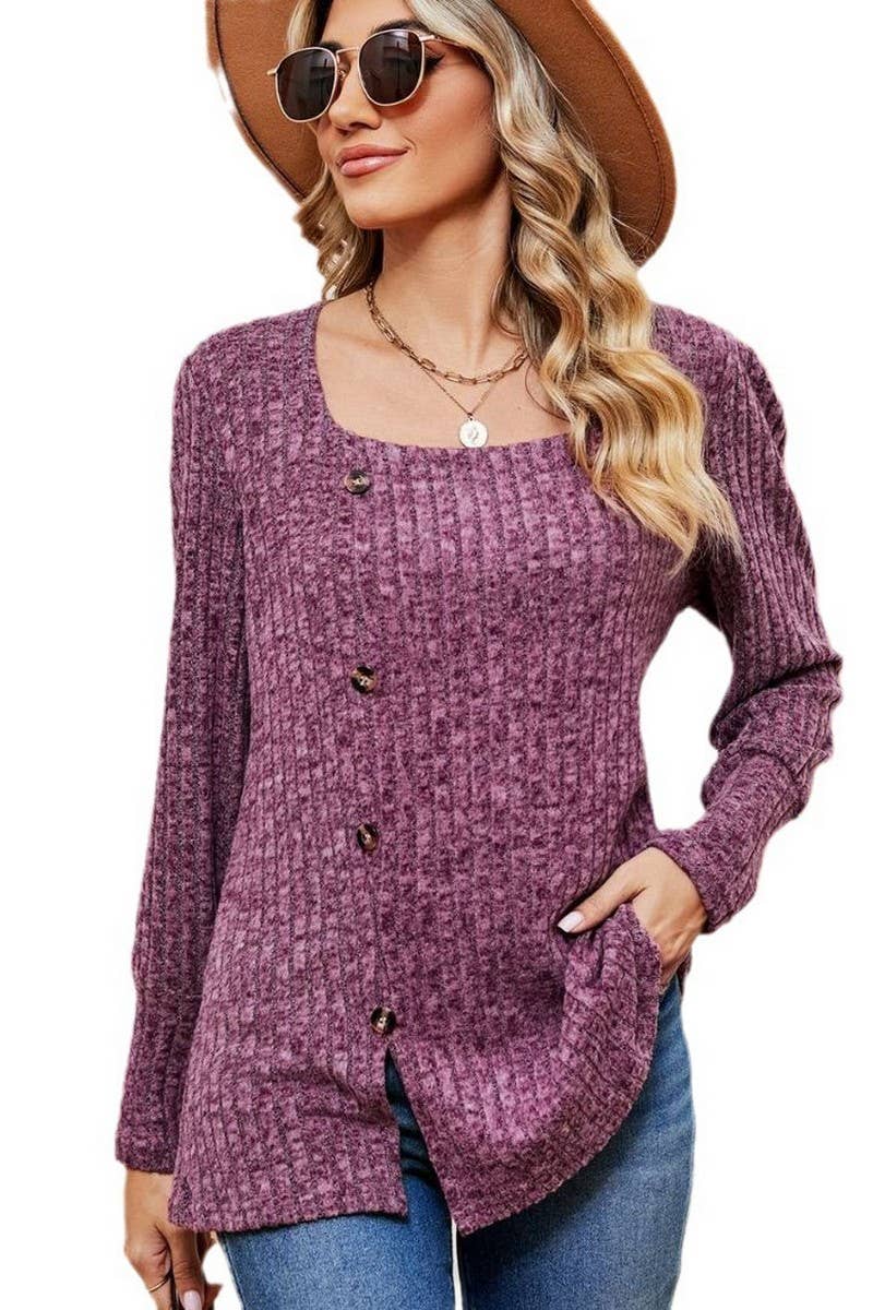 CWTBLL2372_SQUARE COLLAR BUTTON-DOWN LONG SLEEVE LOOSE TOP