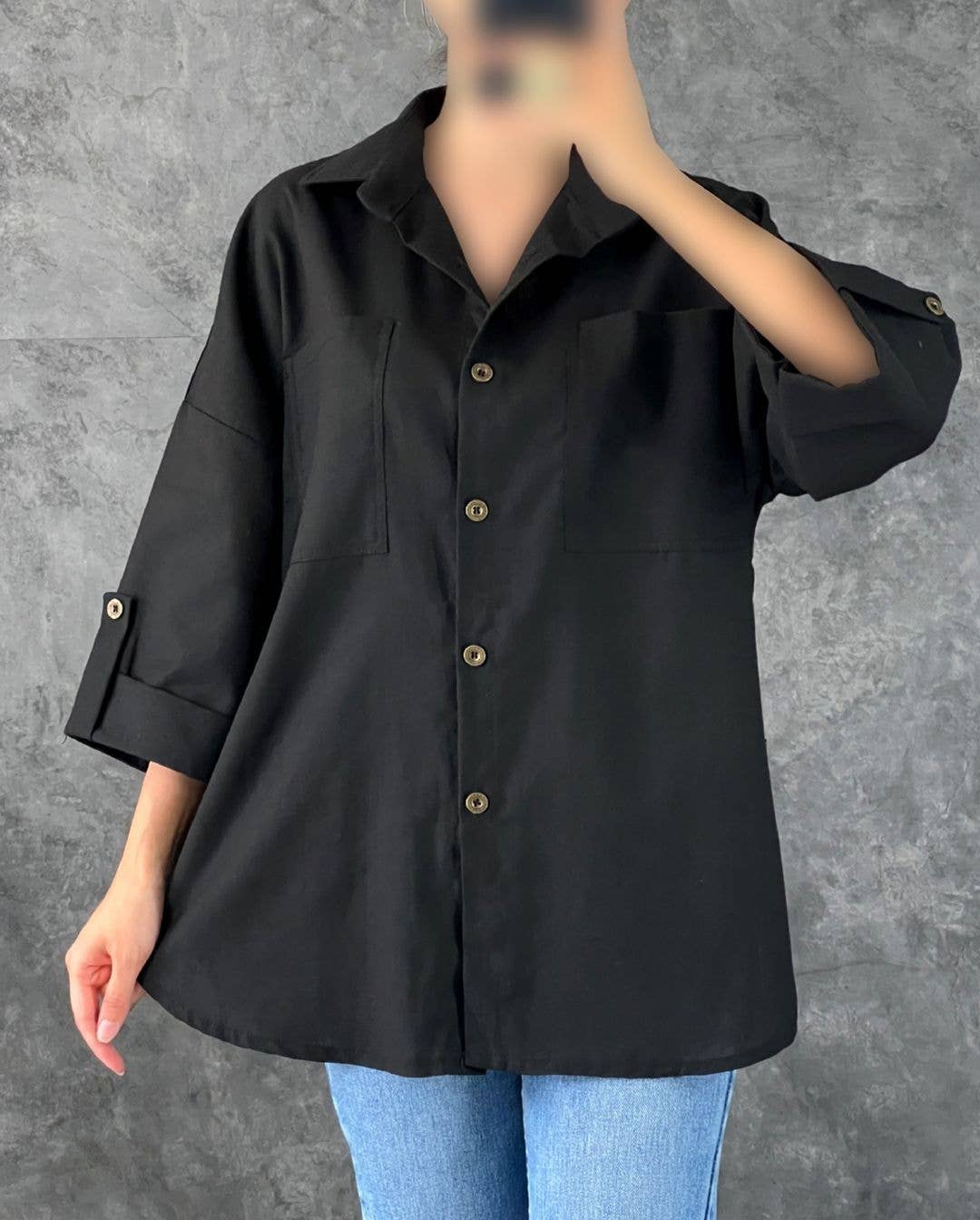 CASUAL LAPEL SOLID COLOR BAGGY POCKET BAGGY SHIRT