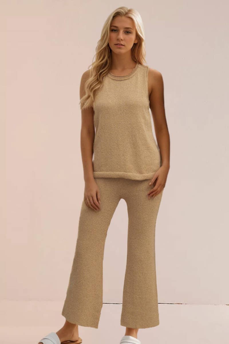 CWSS0495_KNIT SLEEVELESS TOP AND PANTS SUIT FOR WOMEN
