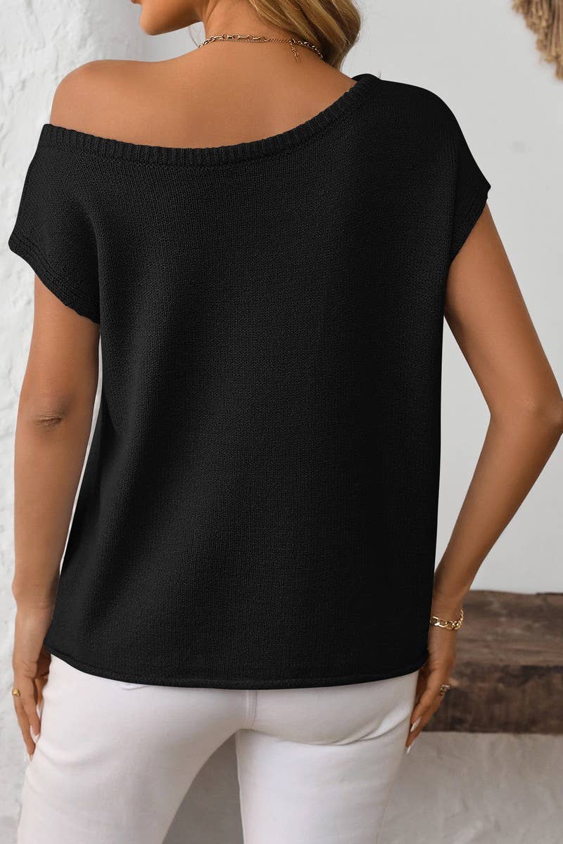 CWOSWS0129_SOLID COLOR KNITTED SHORT-SLEEVED PULLOVER TOP