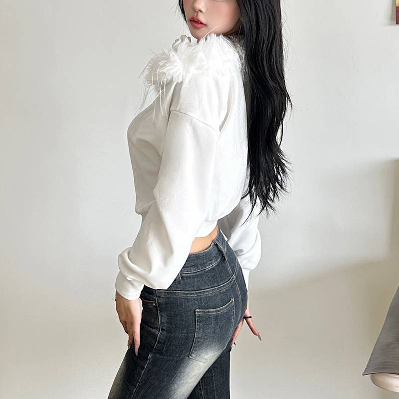 FLEECE COLLAR STEREO FLORAL OFF-THE-SHOULDER TOp