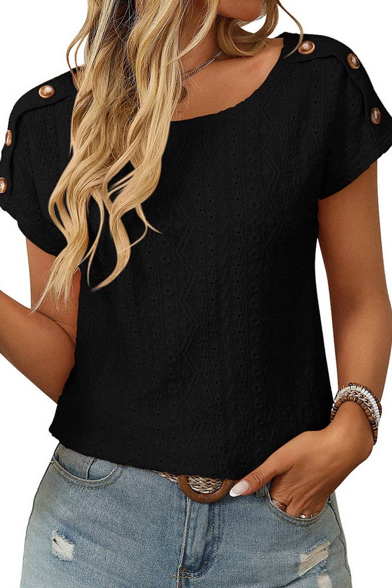 CWTBLS1709_ROUND NECK BUTTON SHORT SLEEVE CUTOUT TOP