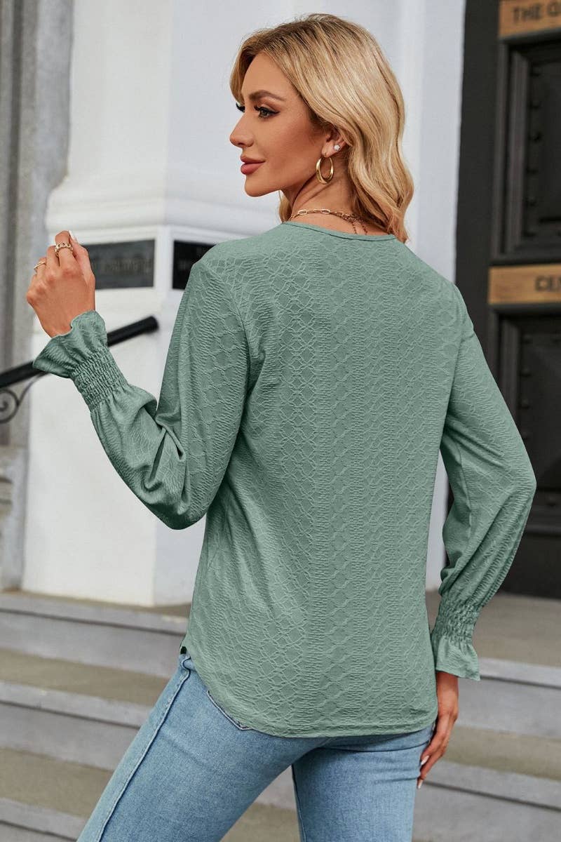 CWTBLL2822_LACE LACE PATCHWORK V-NECK LONG SLEEVE TOP