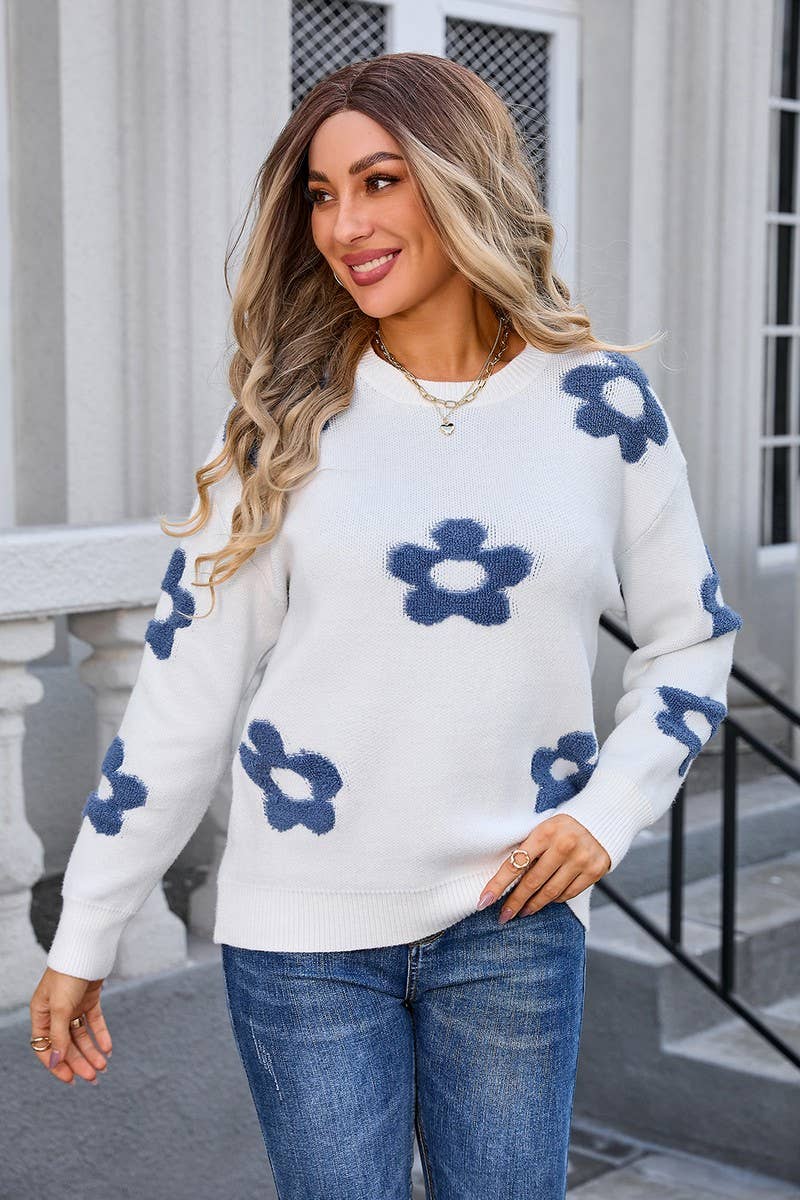 CWOSWL3110_FLORAL ROUND NECK PULLOVER LONG SLEEVE KNIT TOP