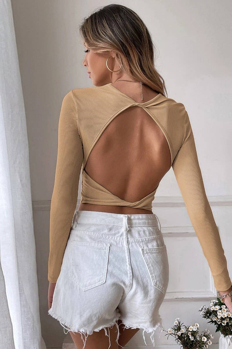 CWTBLL2703_CROPPED SLIM FIT KNIT T-SHIRT TOP WITH OPEN BACK
