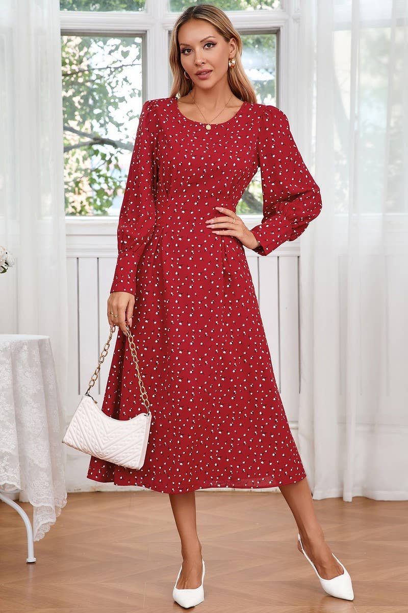 CWDMD3989_SMALL FLORAL ROUND NECK TIE LONG SLEEVE DRESS