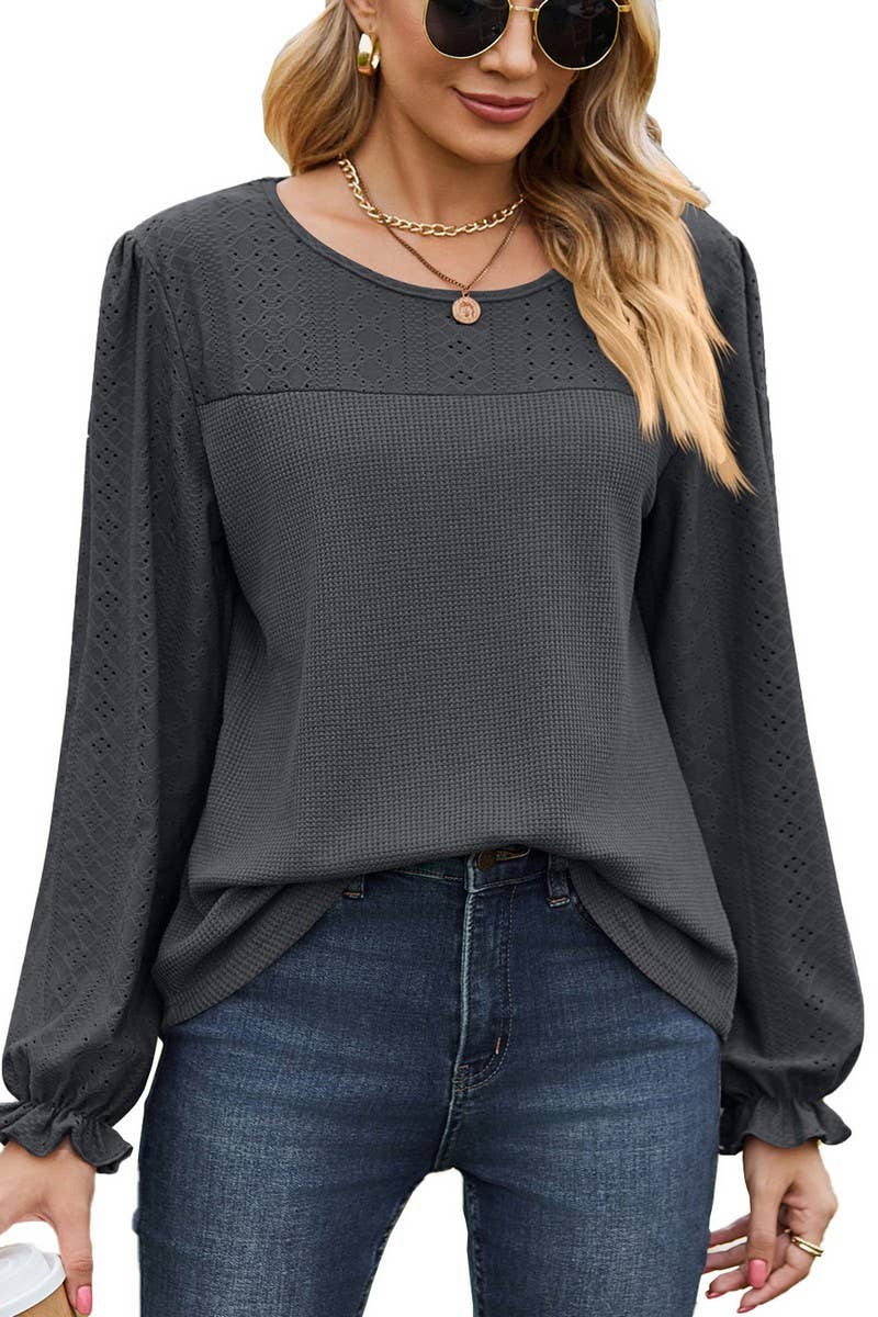 CWTBLL2417_SPLICED ROUND NECK LOOSE LONG SLEEVE T-SHIRT TOP