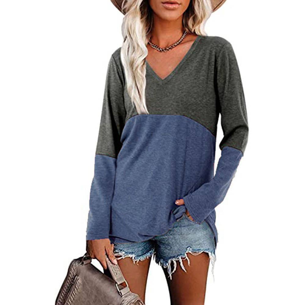 Color contrast patchwork V-neck long sleeve Tshirt
