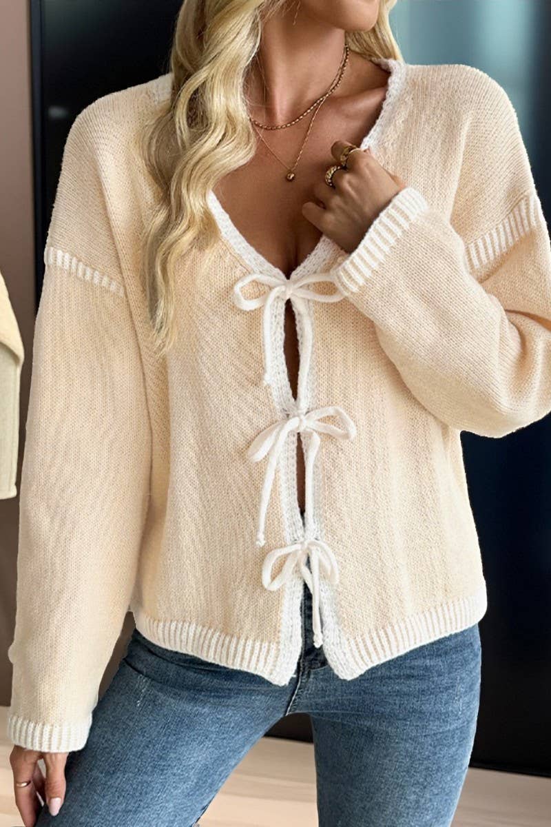 CWOCAL00592_COLORBLOCK TIE FRONT KNIT CARDIGAN SWEATER