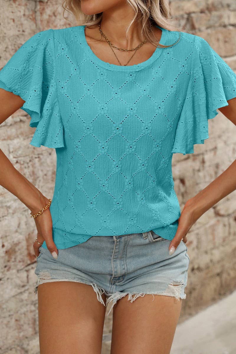 CWTTS1371_SUMMER FLOWER HOLLOW LOTUS SLEEVE CASUAL TOP