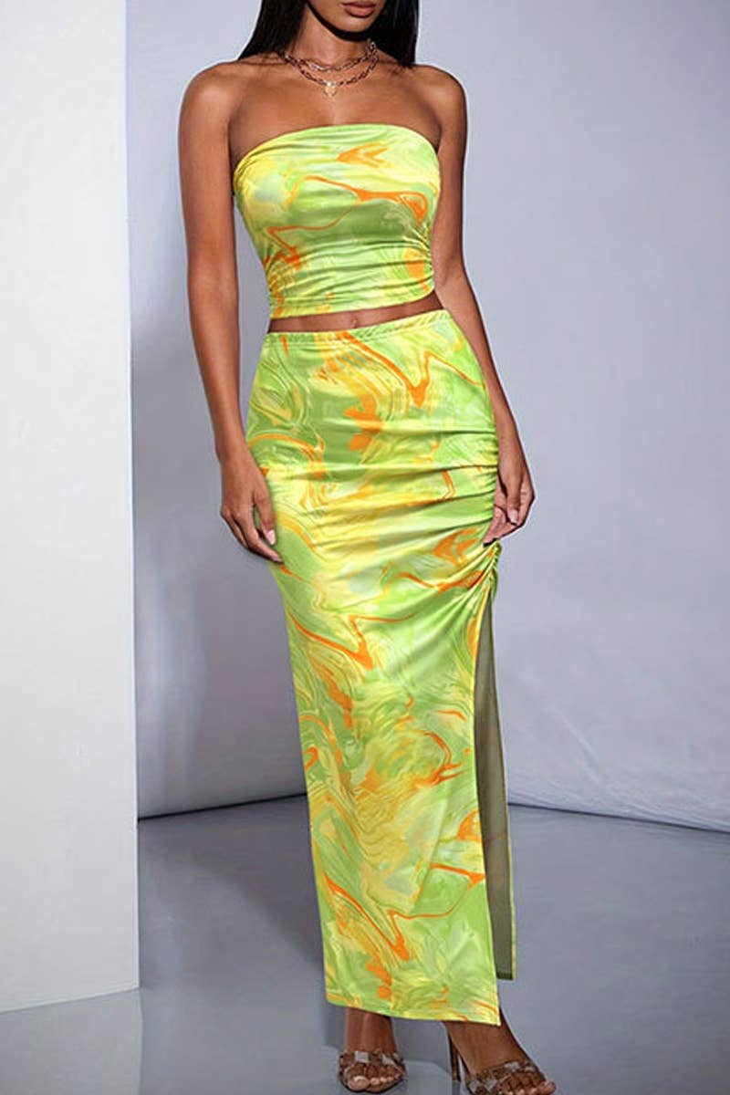 CWSS1132_TIE-DYE BANDEAU SLIM SLIT SKIRT SET