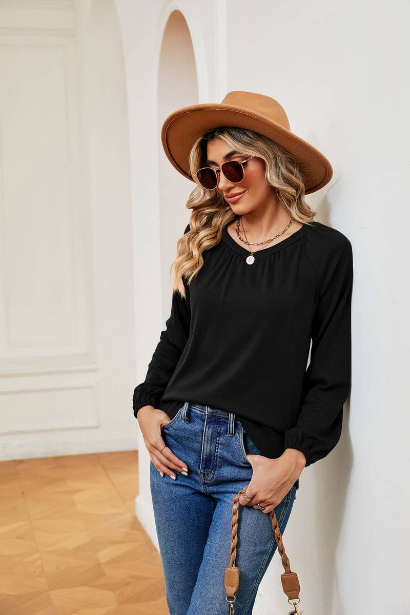 CWTBLL2370_LONG SLEEVE V NECK PLEATED LOOSE PULLOVER